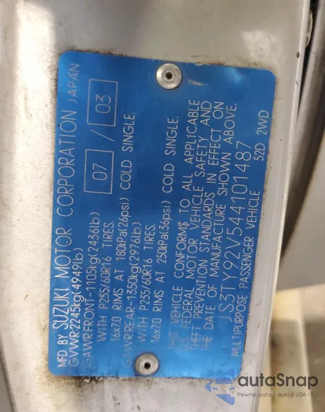 2004 Suzuki Xl7 Ex из США, поврежденный, VIN JS3TY92V544101487